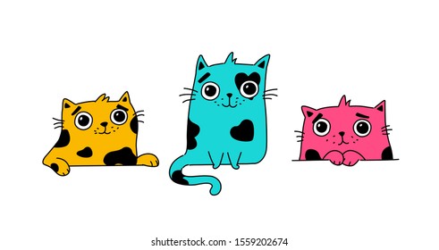 Illustration of a cute kitty. Vector. Colored cute cats. Flat kawaii style. Heroes for postcards. Mascot for the company, drawing for t-shirts and greeting cards.