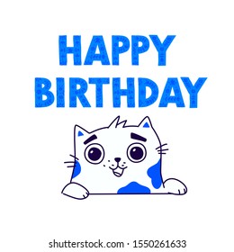 Illustration of a cute kitty. Vector. Contour cute cat wishes happy birthday. Flat kawaii style. Hero for the comic book. Mascot for the company, drawing for a t-shirt and greeting card.