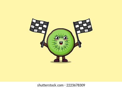 Illustration Of Cute Kiwi Fruit Cartoon Character Holding Crossed Checkered Race Flag