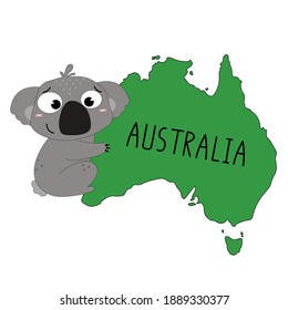 An illustration of a cute koala bear holding Australia map. Isolated on white.