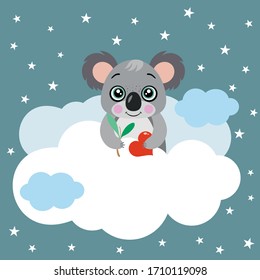 Illustration of cute koala peeking out clouds in sky
