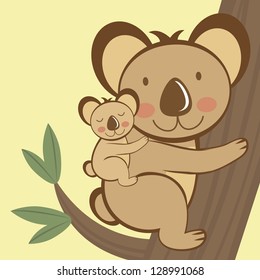 Illustration of cute koala sitting on a tree with a baby