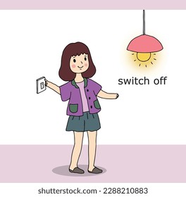 illustration of cute lady turning off the light, drawing style vector