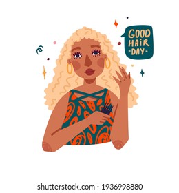 Illustration of cute latina girl with wavy blonde hair. Girl uses a comb for curly hair . Banner avatar  woman. Curly girl method concept. Vector.