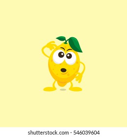 Illustration of cute lemon thinking mascot isolated on light yellow background.
