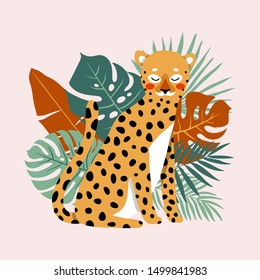 illustration of cute leopard in caroon style with different tropical leaves on pastel background. Vector illustration of cute cartoon leopard for children cards and invitations