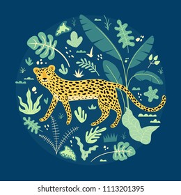 Illustration with cute leopard and tropical plants