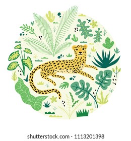 Illustration with cute leopard and tropical plants