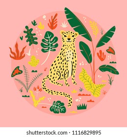 Illustration with cute leopard and tropical plants