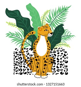 Illustration with cute leopard and tropical plants. Fashion exotic jungle drawing for t-shirts and poster prints. Vector of paradise nature on white background.
