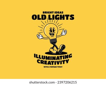 Illustration of a Cute Light Bulb Character with Expressions, featuring a Handwritten and Retro Style, Suitable for Posters and Stickers.