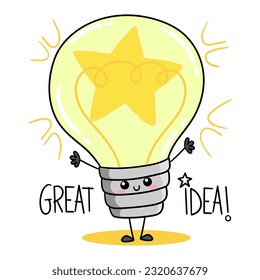 Illustration of a cute light bulb with the text great idea, design for t-shirt