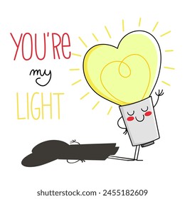 Ilustración de una bombilla linda con el texto eres mi luz, camiseta de impresión