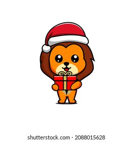 illustration of cute lion carrying a christmas present vector design