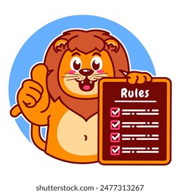 Illustration of Cute Lion Cartoon Character Holding Checklist and Rules
