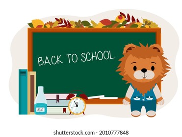 Illustration cute lion cub near the school board