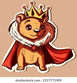 Illustration of a cute lion cub wearing royal clothes. Vector of an animal wearing a king crown and a fluffy red cape.