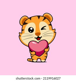 illustration of cute lion hugging heart vector design