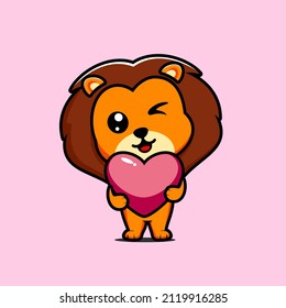 illustration of cute lion hugging heart vector design