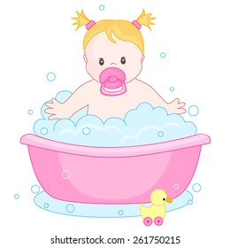 An illustration of a cute little baby girl having  bath isolated on white background. child bubble bath