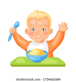 Illustration of cute little baby with plate of porridge. Eating pretty child.