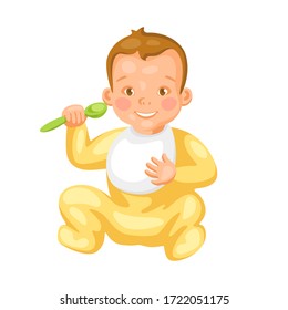 Illustration of cute little baby with spoon. Eating pretty child.