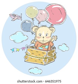 Illustration with cute little bear flying in basket with balloons. Can be used for baby t-shirt print, fashion print design, kids wear, baby shower celebration greeting and invitation card.