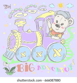 Illustration with cute little bear like train driver. Can be used for baby t-shirt print, fashion print design, kids wear, baby shower celebration greeting and invitation card.