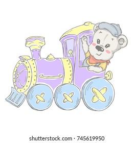 Illustration with cute little bear like train driver. Can be used for baby t-shirt print, fashion print design, kids wear, baby shower celebration greeting and invitation card.