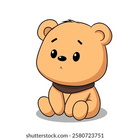 illustration of a cute little bear with a slightly sad and innocent expression. The bear has a round, chubby body with light brown fur and big, shiny eyes. It wears a dark brown scarf around its neck