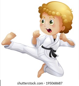 Illustration of a cute little boy doing karate on a white background