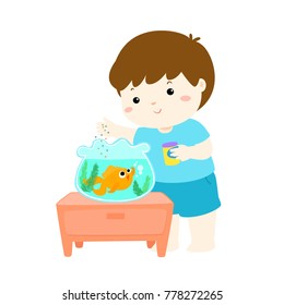 Illustration of cute little boy feeding fish in aquarium cartoon vector.