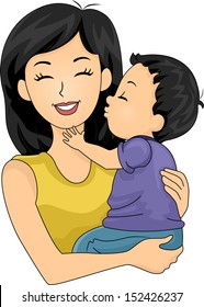 Illustration of a Cute Little Boy Giving His Mom a Kiss on the Cheek