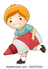 Illustration of a Cute Little Boy Happily Running While Carrying a Giant Glue