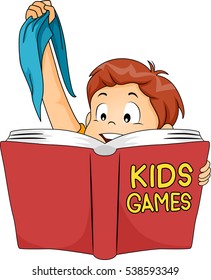Illustration of a Cute Little Boy Holding a Blindfold While Reading a Book About Games for Kids