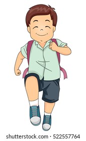 Illustration of a Cute Little Boy Marching Happily on His Way to School