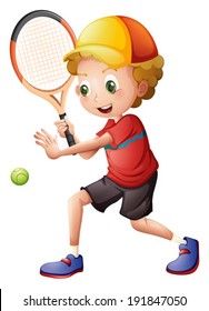 Illustration of a cute little boy playing tennis on a white background