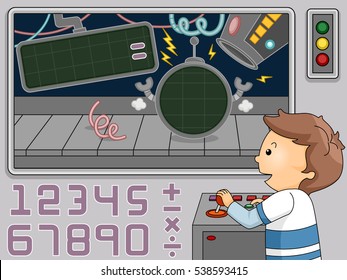 Illustration of a Cute Little Boy Using Mathematical Knowledge to Control Robots