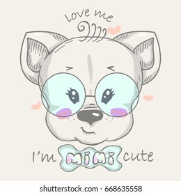 Illustration with cute little cat and lettering "love me I'm mimi cute". Can be used for baby t-shirt print, fashion print design, kids wear, baby shower celebration greeting and invitation card.