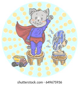 Illustration with cute little cat superhero. Can be used for baby t-shirt print, fashion print design, kids wear, baby shower celebration greeting and invitation card.