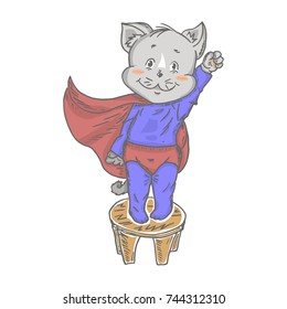 Illustration with cute little cat superhero. Can be used for baby t-shirt print, fashion print design, kids wear, baby shower celebration greeting and invitation card.