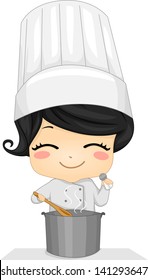 Illustration of a Cute Little Chef Girl Cooking