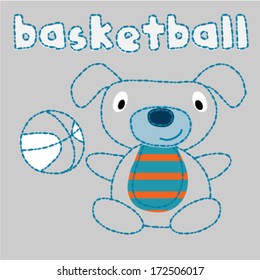 illustration of cute little dog with basketball. Vector illustration