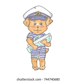 Illustration with cute little dog with boat. Can be used for baby t-shirt print, fashion print design, kids wear, baby shower celebration greeting and invitation card.