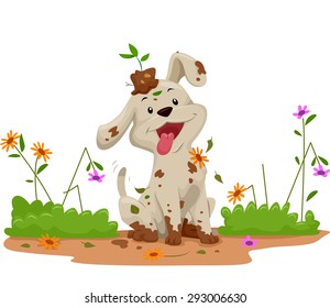 Illustration of a Cute Little Dog Making a Mess While Playing in the Garden