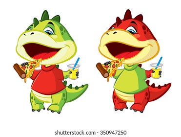 Illustration of cute little dragon wearing shirt eat pizza