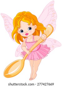 Illustration of cute little fairy holds gold spoon