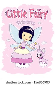 Illustration of a cute little fairy in a pink dress with a magic wand