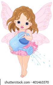 Illustration of a cute little fairy watering 