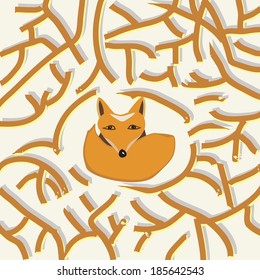 Illustration of a cute little fox with a bushy tail in a forest or woodland with a tracery of stylized green branches and leaves representing the trees framing the animal